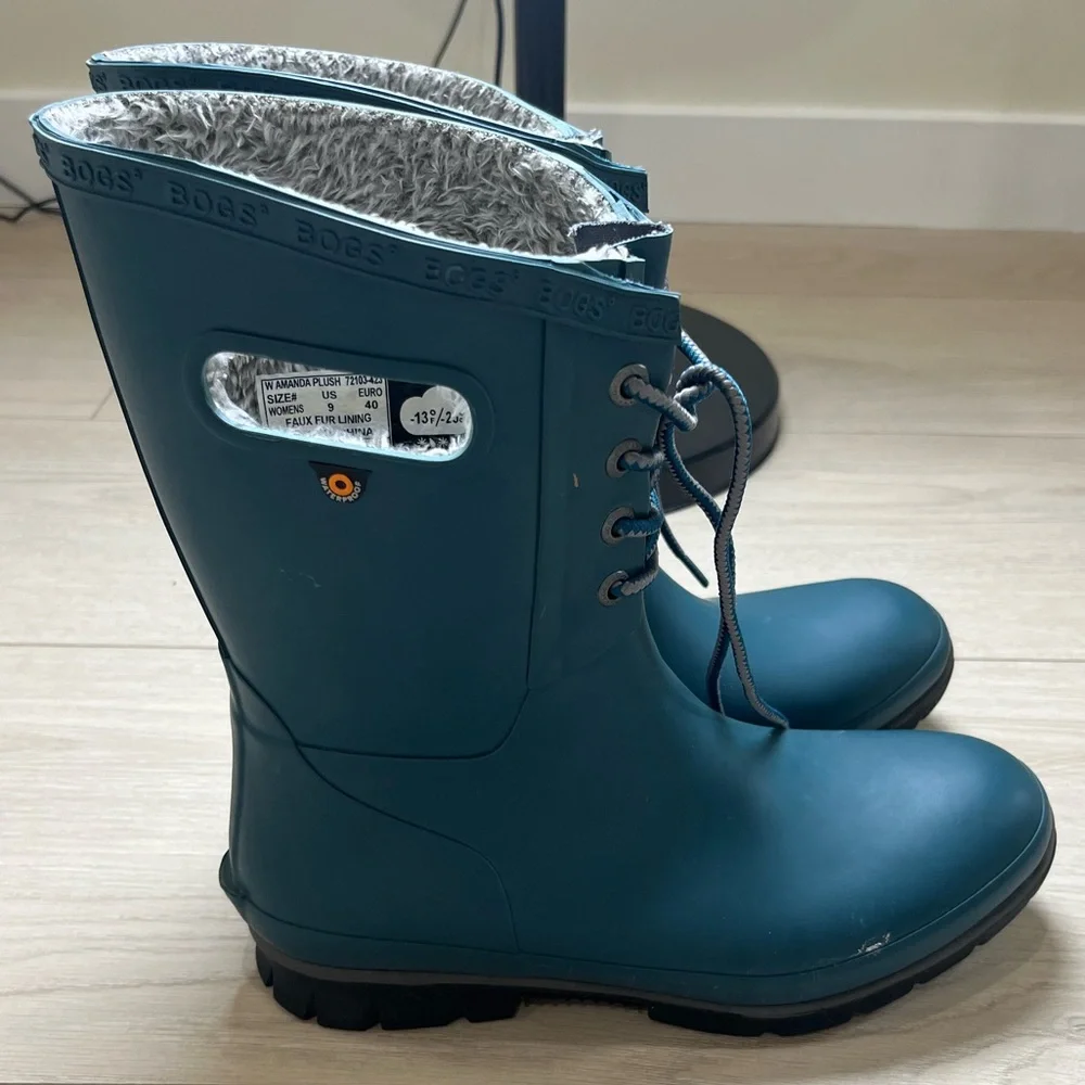 BOGS Amanda Rain Boots With Plush Lining Waterproof Women 9 LaceUp Turquoise - Picture 3 of 13